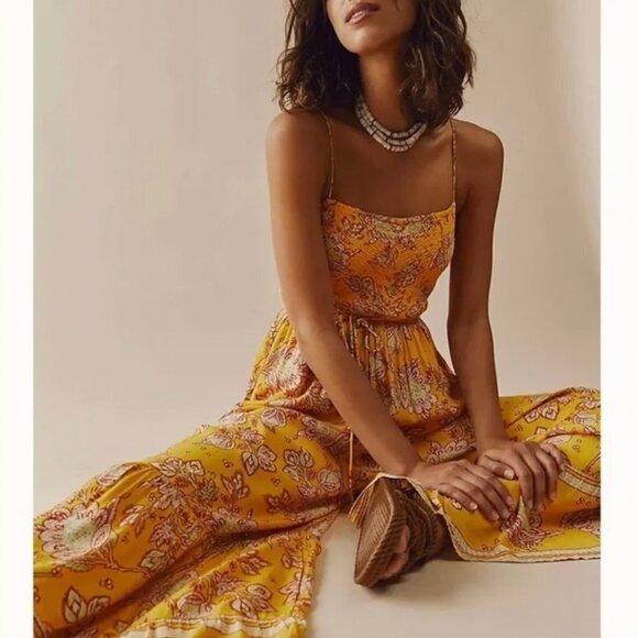 NEW Free People Yellow Printed Flowy Wide Leg Smocked Jumpsuit - Picture 1 of 11